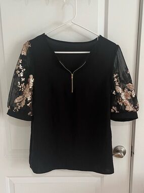 SHEIN Black Top with Gold Sequin Mesh Sleeves